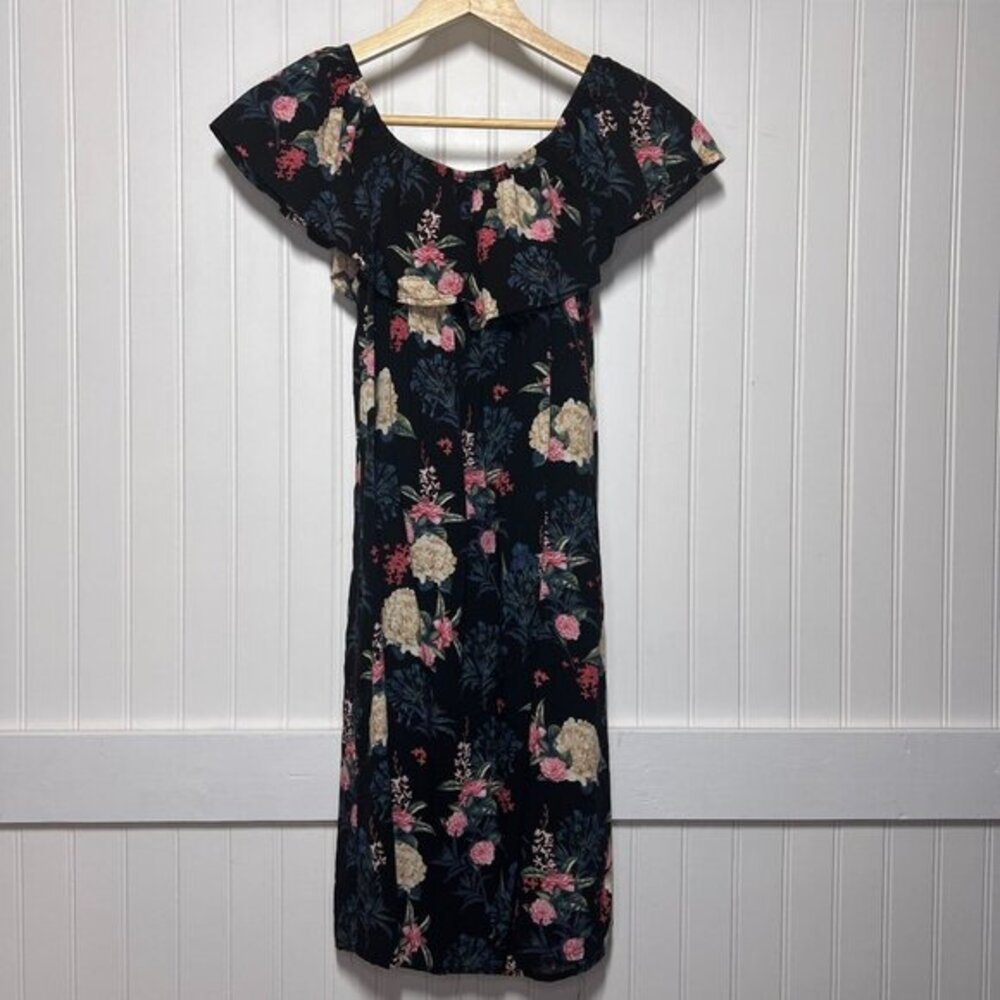 Rojada Dress Whimsygoth Fairy Dark Romance Black Floral Off-Shoulder Ruffle Midi